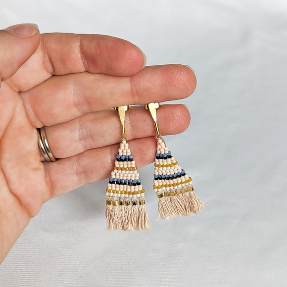 Handmade Artisan Beaded Tassel Gold Accent Dangle Post Earrings - Picture 1 of 4